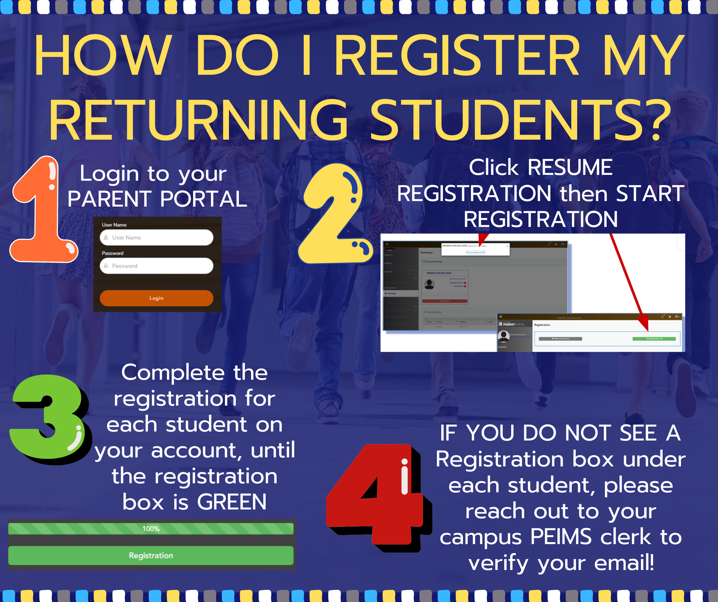 May be an image of text that says '2023-2024 RETURNING Student registration deadline is TODAY!!!! 6 Login to your parent portal today and complete the process! Need help? Call your campus PEIMS clerk AAлa'